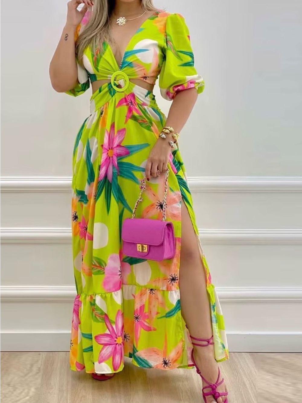 Vibrant Lime Floral Cutout Maxi Dress